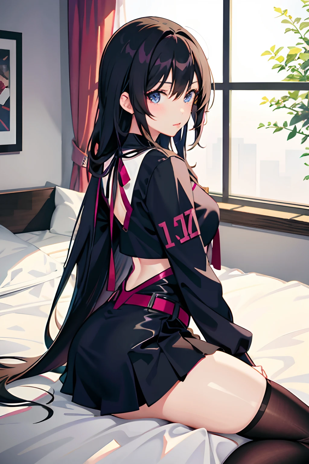 Anime girl sitting on a bed with her legs crossed - SeaArt AI