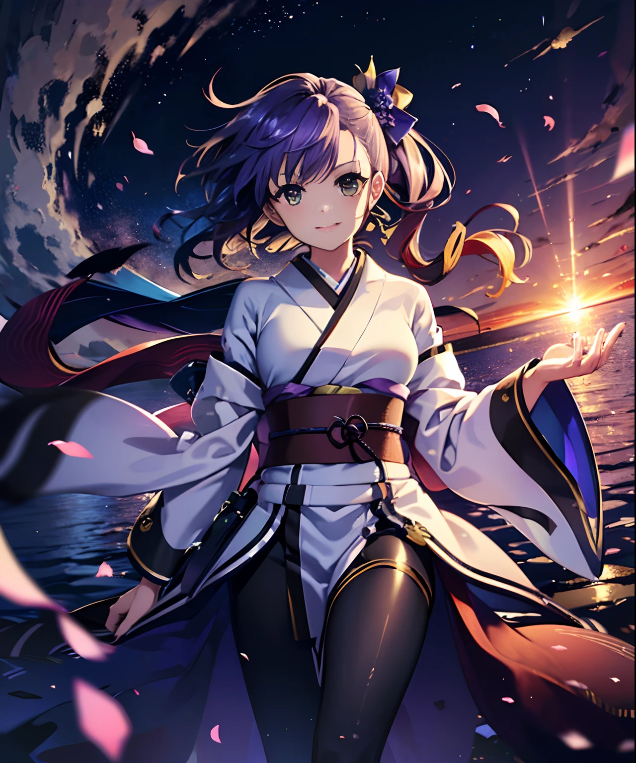 (((​masterpiece)))、(((top-quality)))、((ultra-detailliert))、1girl in、A smile、The long-haired、Light purple hair、strong breeze、In nature、Kimono、Longsword、battle field、Star chips、overlord、Strong