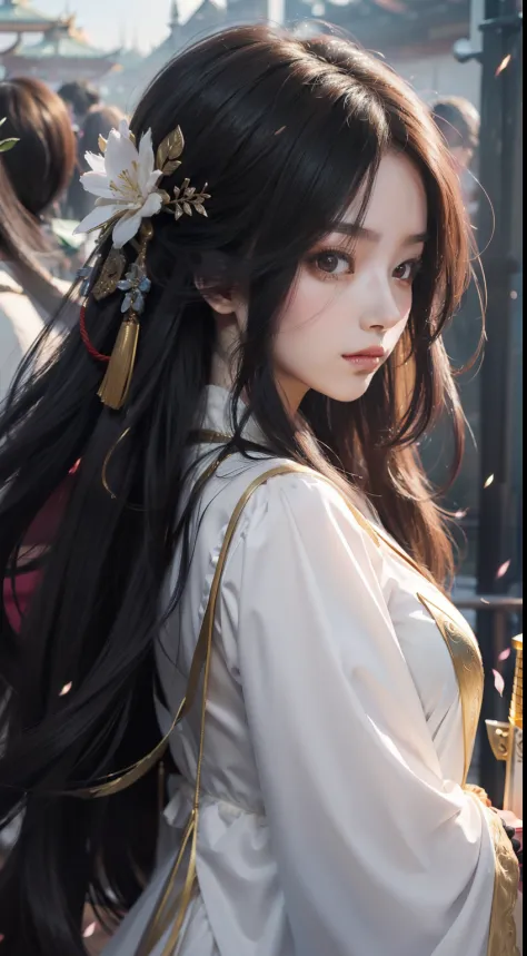 a woman in a white dress holding a sword in a crowd, palace ， a girl in hanfu, flowing hair and long robes, beautiful character ...