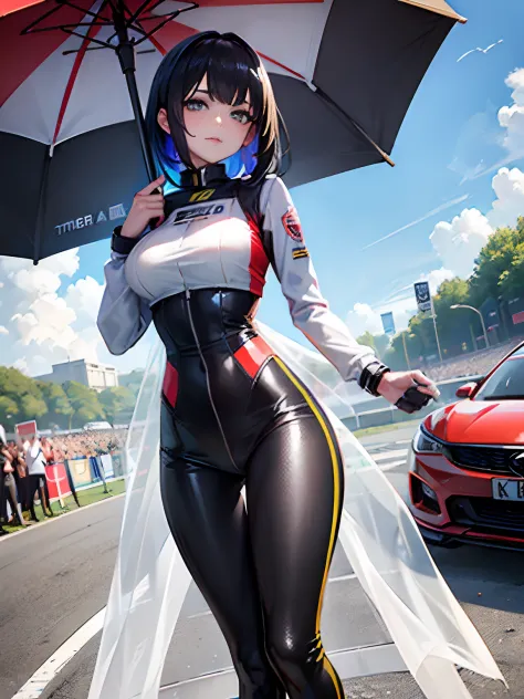 unreal engine 5 realistic rendering, cosplayer, race queen、uniform with logo、 ((giant circuit parasol)), exquisite beauty、beauti...