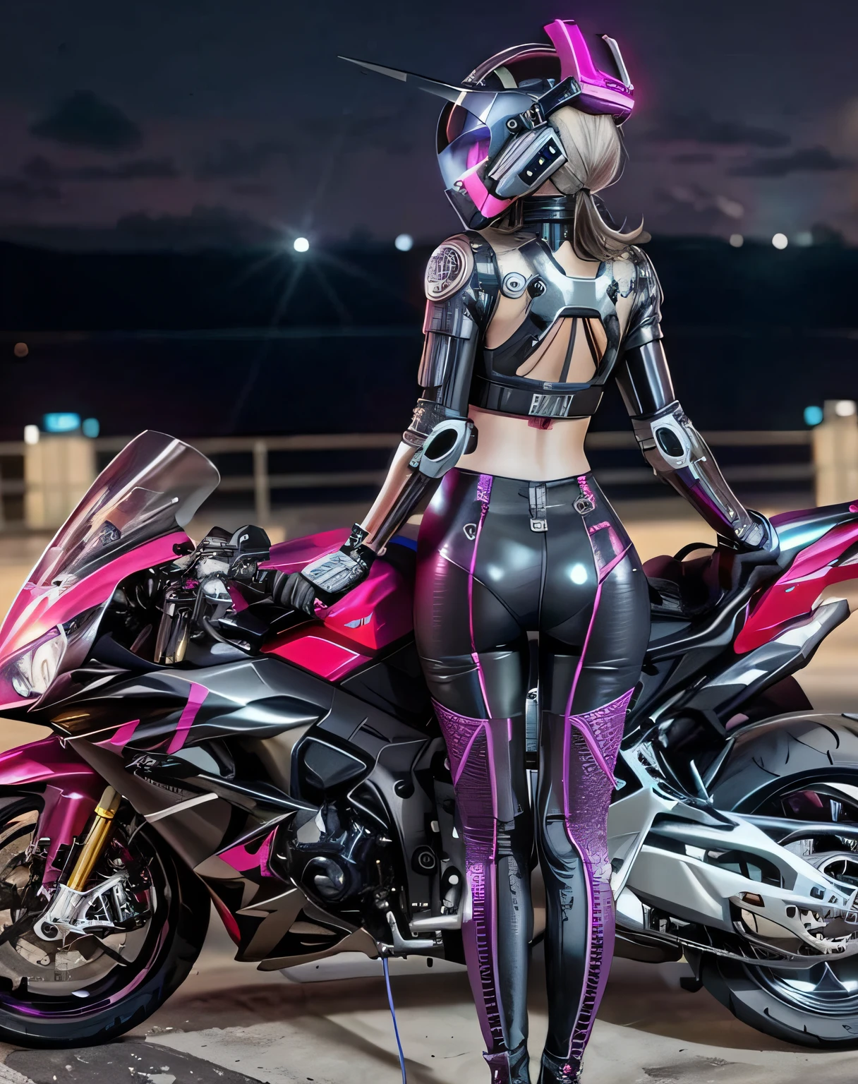 Araffe in a shiny outfit is standing next to a motorcycle - SeaArt AI