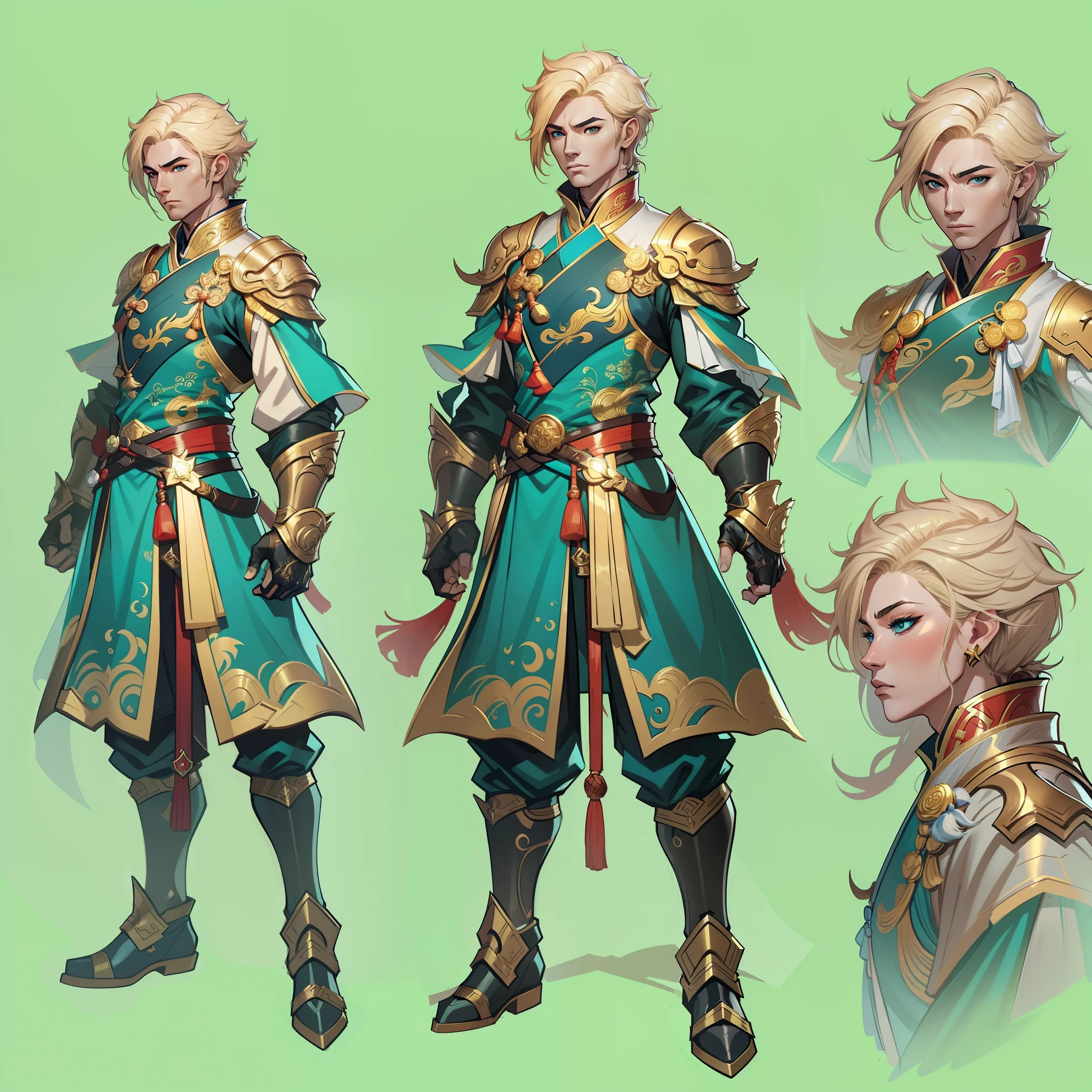 a close up of a strong man in his 30's, with hazel eyes and very short curly blonde hair, wearing a blue and teal fighter's outfit, a hero with hazel eyes, male barehanded fist fighter, mage with air magic, standing in a chinese temple, new costume concept design, in the style of blade and soul, full body character concept, detailed character design, inspired by Yang Jin, inspired by Li Mei-Shu, chinese costume, inspired by Lan Ying, inspired by Sim Sa-Jeong, inspired by Li Tang, lunar themed attire, costume with gold accents, inspired by Ju Lian, colored concept art, highly detailed character design, highly detailed face, inspired by Ai Xuan, very highly detailed face, unreal engine render, final fantasy 14 style, inspired by Leng Mei