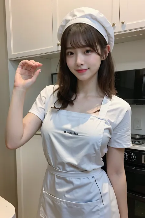 A woman who cooks、(Kitchen_aprons:1.Wear 3)、nice hand、4K、A high resolution、tmasterpiece、top-quality、wear cap:1.3、((hasselblad ph...