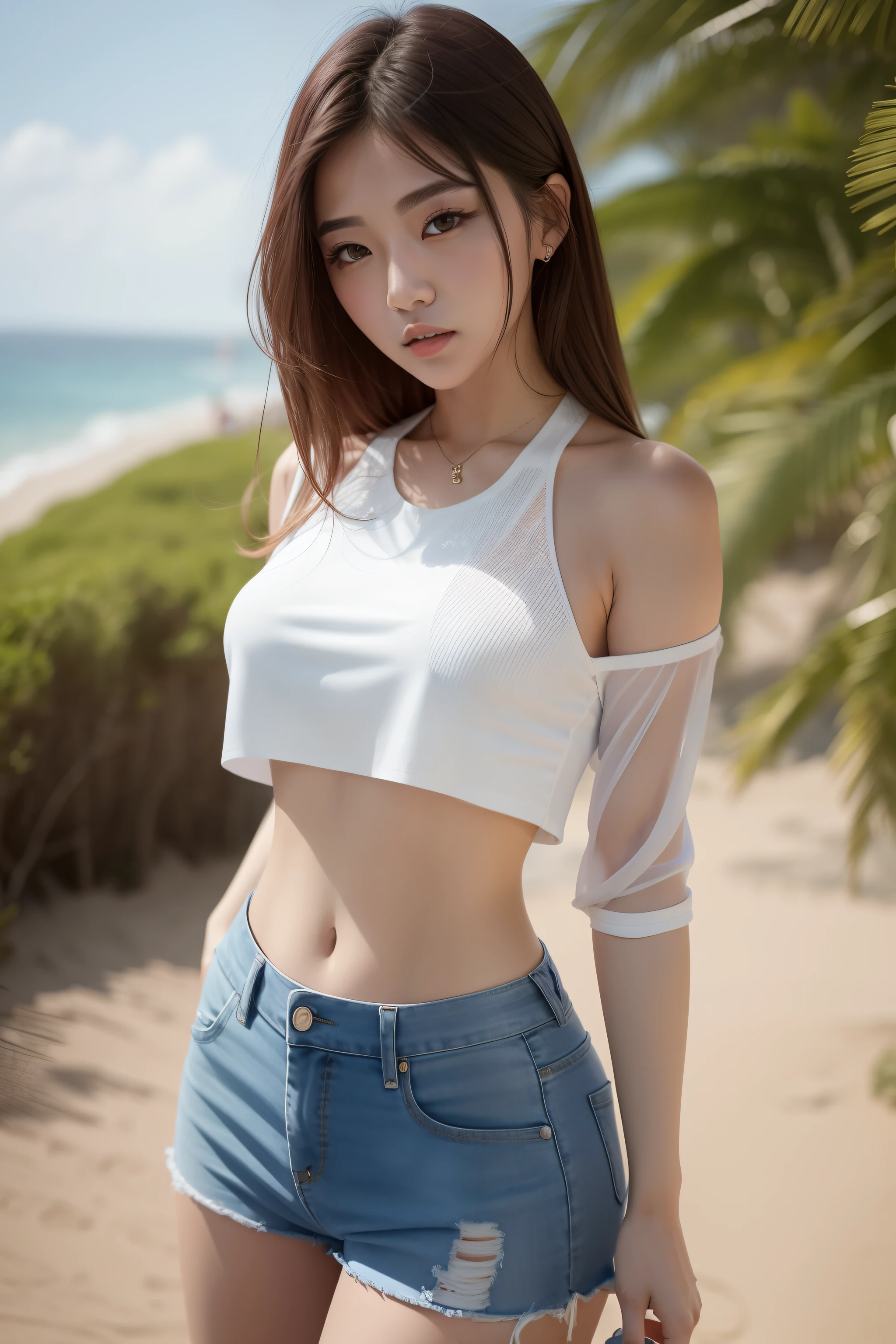 A woman in a white blouse and blue shorts by the sea，On the seaside, there are waves, sandy beaches, gorgeous young Korean women, 2 4 year old female model, Korean girl, korean women's fashion model, beautiful Korean women, photo of slim girl model, Beautiful young Korean woman, wearing sexy cropped top, with ripped crop t - shirt, wearing tight simple clothes, white halter top