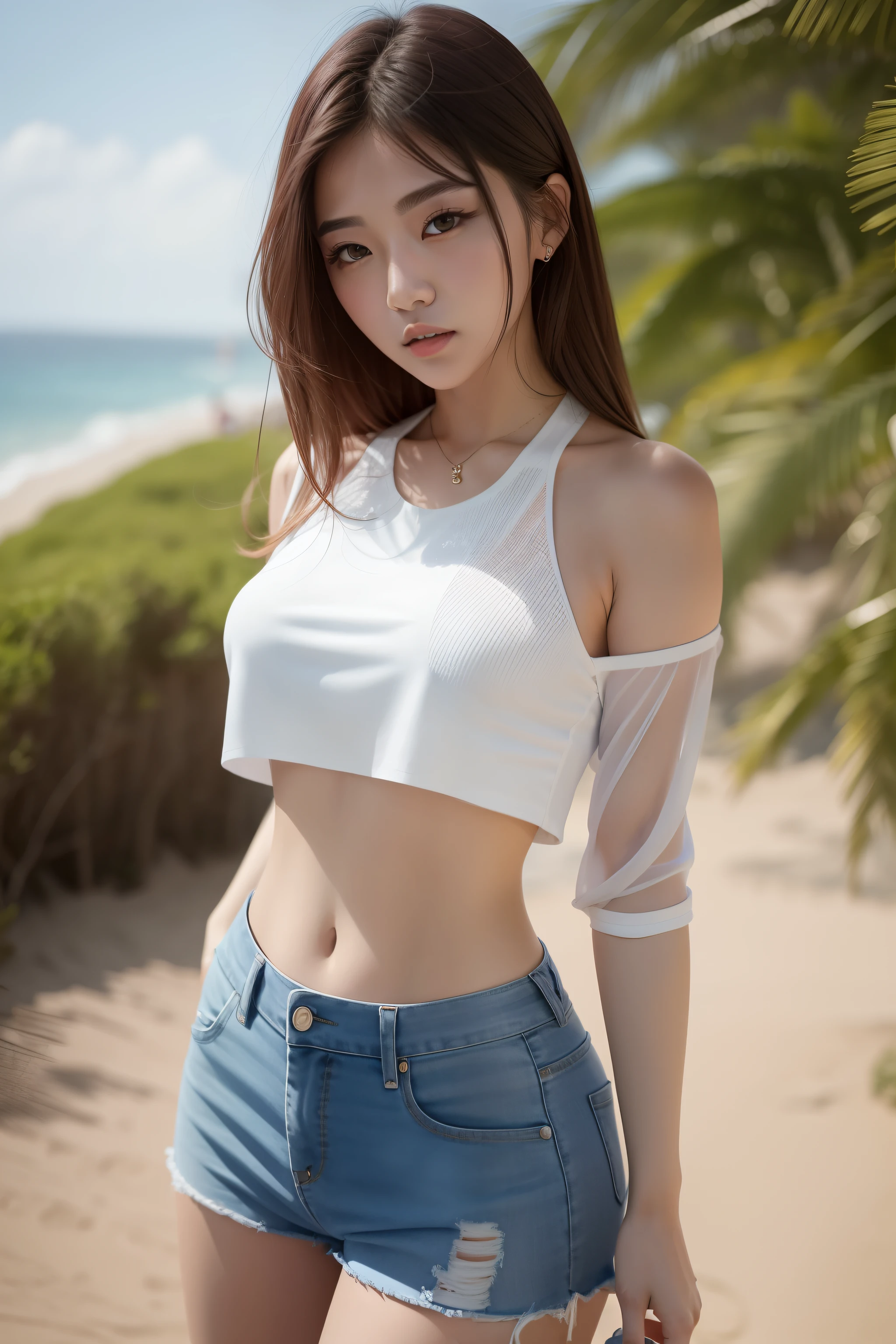 Eine Frau in weißer Bluse und blauen Shorts am Meer，Am Meer, Es gibt Wellen, sandige Strände, wunderschöne junge koreanische Frauen, 2 4 Jahre altes weibliches Model, koreanisches Mädchen, koreanisches Damenmode-Modell, schöne koreanische Frauen, Foto eines schlanken Mädchenmodels, Schöne junge Koreanerin, trage ein sexy bauchfreies Top, mit zerrissenem bauchfreiem T-Shirt, Tragen Sie enge, einfache Kleidung, white halter top