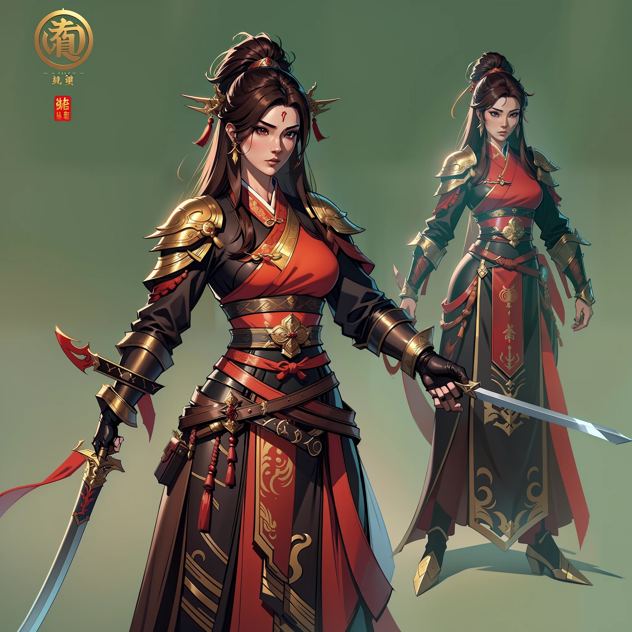 a close up of a strong amazon woman in her 30's, with brown eyes and brown hair, wearing a black and red assassin's clothes, a heroine with brown eyes, female holding katana, mage with shadow magic, standing in a chinese temple, new costume concept design, in the style of blade and soul, full body character concept, detailed character design, inspired by Yang Jin, inspired by Li Mei-Shu, chinese costume, inspired by Lan Ying, inspired by Sim Sa-Jeong, inspired by Li Tang, lunar themed attire, costume with gold accents, inspired by Ju Lian, colored concept art, highly detailed character design, highly detailed face, inspired by Ai Xuan, very highly detailed face, unreal engine render, final fantasy 14 style, inspired by Leng Mei