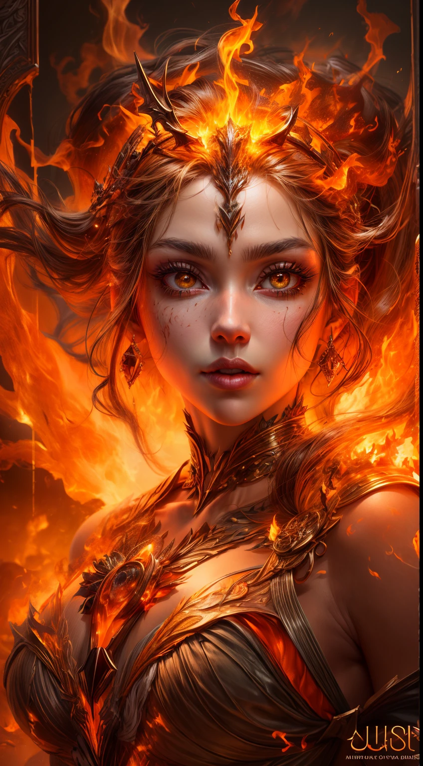これはリアルな火を特徴とするリアルなファンタジーアートです, 炎の糸を含む, 燃え盛る熱い残り火, かすかな煙の渦, そして美しい火のドルイド. ドルイド僧は激しい炎の中に立ち、興味深い構図を描いている。. 彼女 face is expertly sculpted, エレガントで洗練された特徴と完璧な陰影とリアルな肌の質感. 彼女 (オレンジと金色の目) 素晴らしいもので、この画像の焦点となっています. (彼女 eyes extremely detailed, 美しい細部までこだわった目, マクロ). 彼女 eyes feature intricate detailing with clearly defined irises and bright sclera. 彼女 soft lips are smooth and very puffy, 彼女の肌は淡い紅潮と華麗な炎の模様で飾られている. 彼女 long gown is stunning and expensive, 純粋な炎と輝く光でできている, 火の光の中できらめく華やかな宝石. 彼女 billowing gown glitters from the flames and features a delicately and intricately embroidered bodice with wisps of flames running across it. バンプなどのファンタジー要素を含める, 石, 燃えるような虹彩, 燃える残り火, シルク, そして興味深い背景. 魔法的で神秘的なオーラを放つ炎の鳥や炎の蝶などの炎の魔法の生き物を含める. 点灯: 最新の照明トレンドを活用してアート作品の美しさを高めます. カメラ: ダイナミックな構成を活用して緊迫感と興奮感を演出する. 現在のファンタジージャンルの巨匠からインスピレーションを得る, ArtstationやMidjourneyで人気のアーティストを含む. ((傑作))