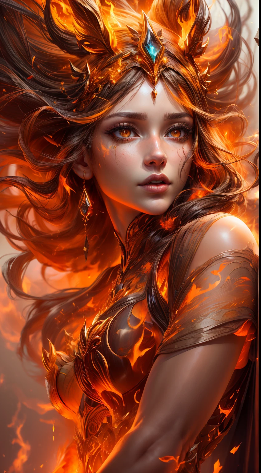 这是一幅现实主义的幻想艺术作品，突出了现实的火焰, 包括一缕缕火焰, 炽热的余烬, 淡淡的烟雾, 还有一个美丽的火德鲁伊. 德鲁伊站在熊熊烈火之中，构图有趣. 她 face is expertly sculpted, 具有优雅精致的特征以及完美的阴影和逼真的皮肤纹理. 她 (橙色和金色的眼睛) 非常惊艳，是这张照片的焦点. (她 eyes extremely detailed, 美丽细致的眼睛, 和宏). 她 eyes feature intricate detailing with clearly defined irises and bright sclera. 她 soft lips are smooth and very puffy, 她的皮肤上点缀着淡淡的红晕和华丽的火焰细节. 她 long gown is stunning and expensive, 由纯净的火焰和闪闪发光的, 在火光中闪闪发光的华丽珠宝. 她 billowing gown glitters from the flames and features a delicately and intricately embroidered bodice with wisps of flames running across it. 包括奇幻元素，例如碰撞, 石头, 火红的彩虹色, 发光的余烬, 丝绸, 以及有趣的背景. 包括火鸟、火蝴蝶等散发着神奇神秘气息的火魔法生物. 灯光: 利用最新的照明趋势来增强艺术品的美感. 相机: 利用动态构图营造紧迫感和兴奋感. 从当今奇幻大师那里汲取灵感, 包括 Artstation 和 Midjourney 上的热门艺术家. ((杰作))