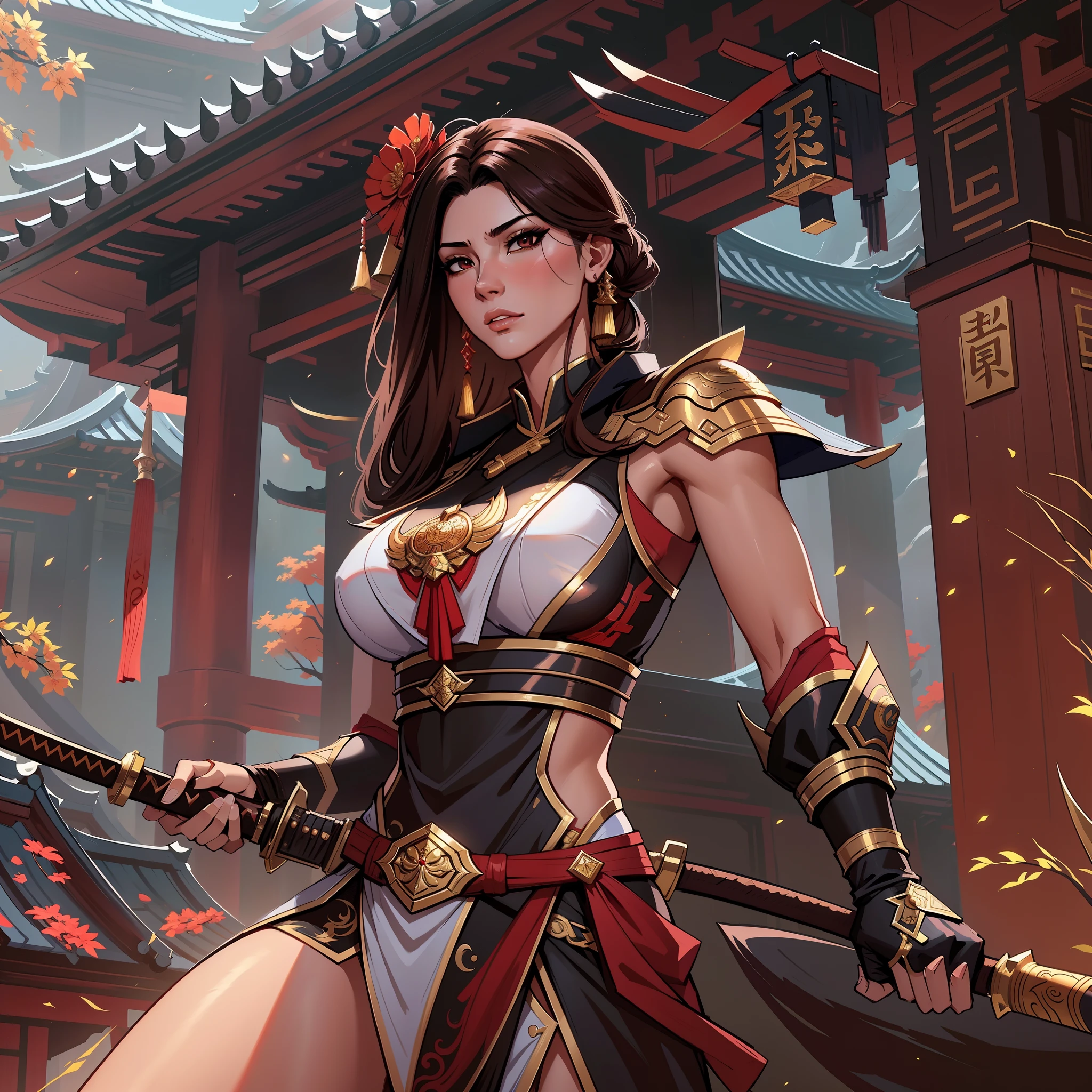 a close up of a strong amazon woman in her 30's, with brown eyes and brown hair, wearing a black and red assassin's clothes, a heroine with brown eyes, female holding katana, mage with shadow magic, standing in a chinese temple, new costume concept design, in the style of blade and soul, full body character concept, detailed character design, inspired by Yang Jin, inspired by Li Mei-Shu, chinese costume, inspired by Lan Ying, inspired by Sim Sa-Jeong, inspired by Li Tang, lunar themed attire, costume with gold accents, inspired by Ju Lian, colored concept art, highly detailed character design, highly detailed face, inspired by Ai Xuan, very highly detailed face, unreal engine render, final fantasy 14 style, inspired by Leng Mei