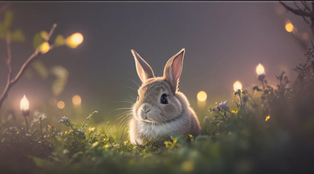Close up photo of a rabbit in enchanted forest, clean background, depth of field, large aperture, photography, night, fireflies,...