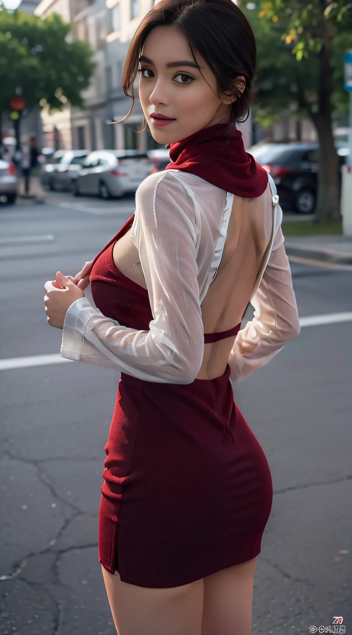 Arafed asian woman in a red dress posing on a city street - SeaArt AI