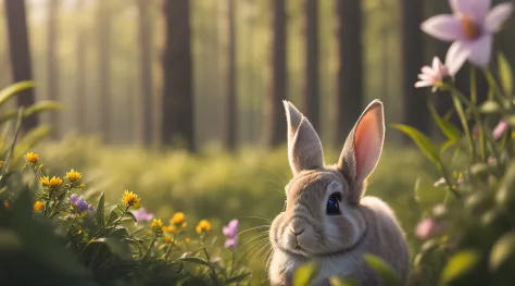 Close-up photo of a rabbit in the sunny forest，clean backdrop，depth of fields，largeaperture，photography of，during night，butterflys，volume fog，Halo，blooms，Dramatic atmosphere，at centre，the rule of thirds，200mm 1.4F macro shooting