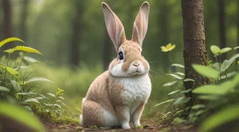 Close-up photo of a rabbit in the sunny forest，clean backdrop，depth of fields，largeaperture，photography of，during night，butterflys，volume fog，Halo，blooms，Dramatic atmosphere，at centre，the rule of thirds，200mm 1.4F macro shooting