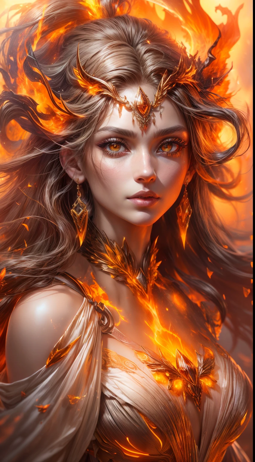 This is a realistic fantasy artwork prominently featuring realistic fire, including wisps of flames, glowing hot embers, subtle curls of smoke, and a beautiful fire druid. The druid stands in the midst of a raging inferno with an interesting composition. Her face is expertly sculpted, with elegant and refined features and perfect shading and realistic skin texture. Her (orange and gold eyes) are stunning and are the focal point of this image. (Her eyes extremely detailed, beautiful detailed eyes, and macro). Her eyes feature intricate detailing with clearly defined irises and bright sclera. Her soft lips are smooth and very puffy, and her skin is adorned with a light flush and ornate fire detailing. Her long gown is stunning and expensive, and is made of pure flames and glittering, ornate jewels that glimmer in the fire light. Her billowing gown glitters from the flames and features a delicately and intricately embroidered bodice with wisps of flames running across it. Include fantasy elements like bumps, stones, fiery iridescence, glowing embers, silk, and an interesting background. Include fiery magical creatures such as fiery birds and fiery butterflies that give off a magical and mystical aura. Lighting: Utilize the latest trends in lighting to enhance the artwork's beauty. Camera: Utilize dynamic composition to create a sense of urgency and excitement. Take inspiration from the current masters of the fantasy genre, including trending artists on Artstation and Midjourney. ((masterpiece))