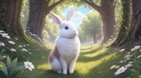 （Ultra-fine CG unity 8k wallpaper，tmasterpiece，best qualtiy，ultra - detailed），（best illuminate，best shadow，Extremely refined and beautiful），（White rabbit），（Beautiful grass），（​​clouds）， （colorful flower）