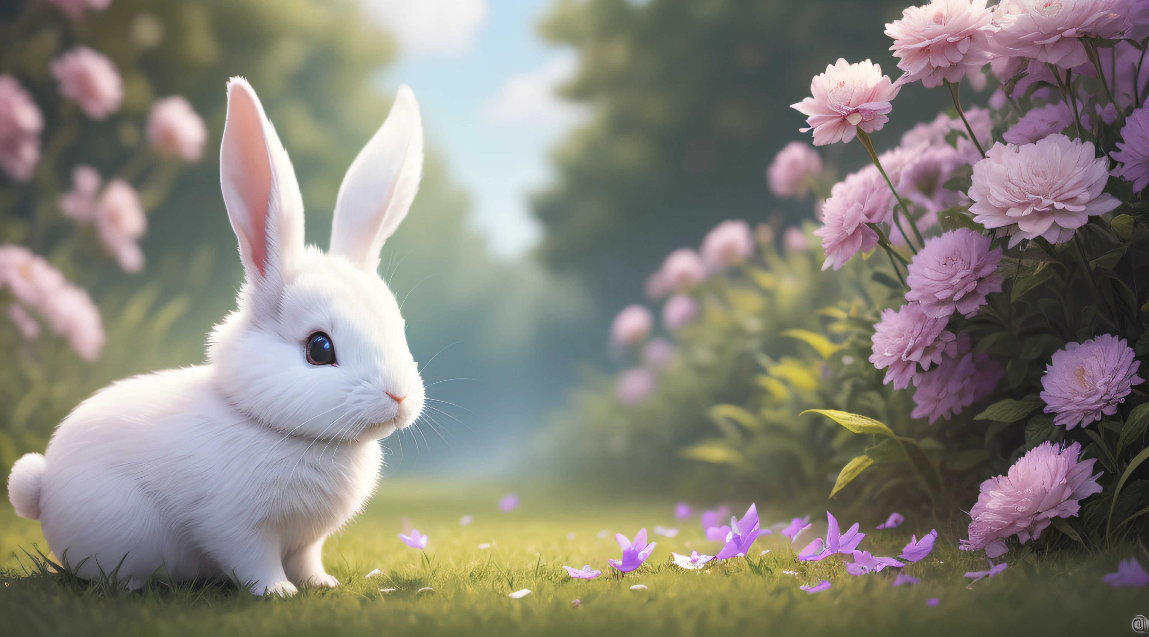 （Ultra-fine CG unity 8k wallpaper，tmasterpiece，best qualtiy，ultra - detailed），（best illuminate，best shadow，Extremely refined and beautiful），（White rabbit），（Beautiful grass），（​​clouds）， （colorful flower）