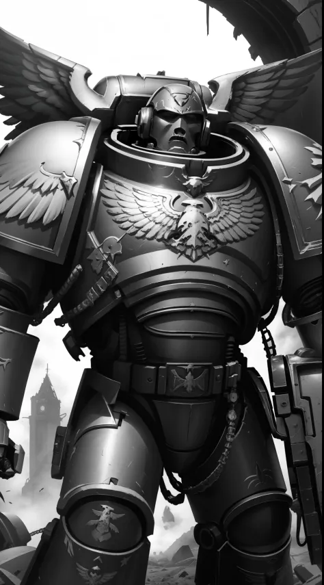 a marine space, dressed in his huge power armor with an eagle symbol on his breastplate, grande armadura grossa, in a destroyed ...