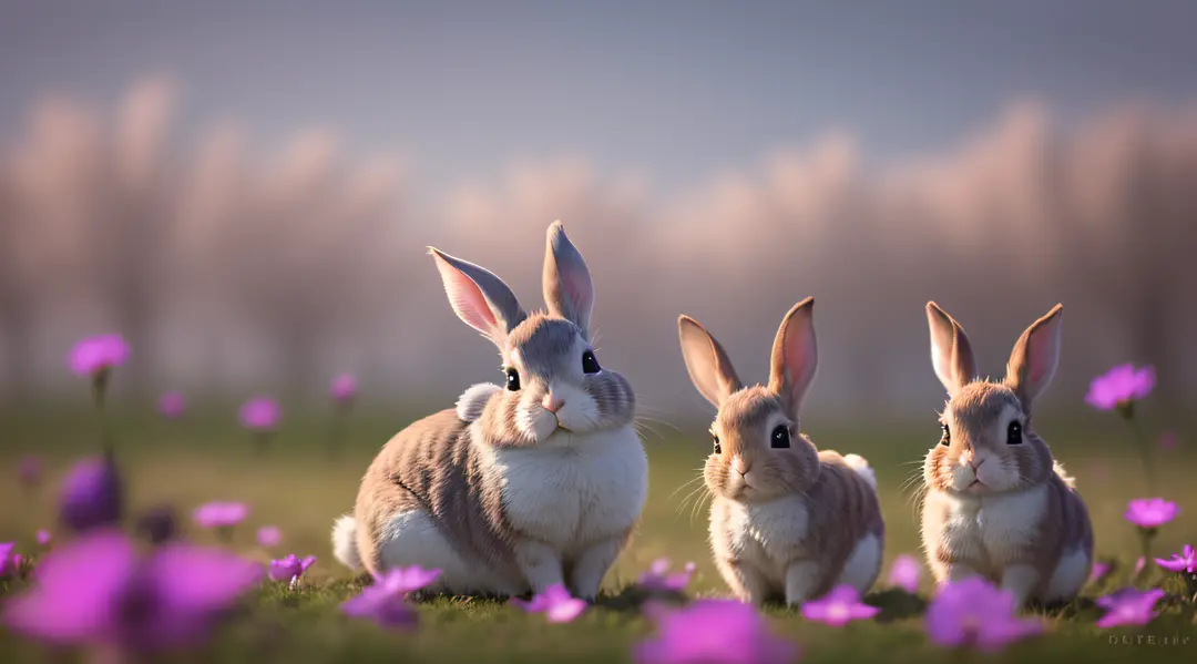 Close-up photo of rabbits in Sunshine Park，clean backdrop，depth of fields，largeaperture，photography of，butterflys，volume fog，Hal...