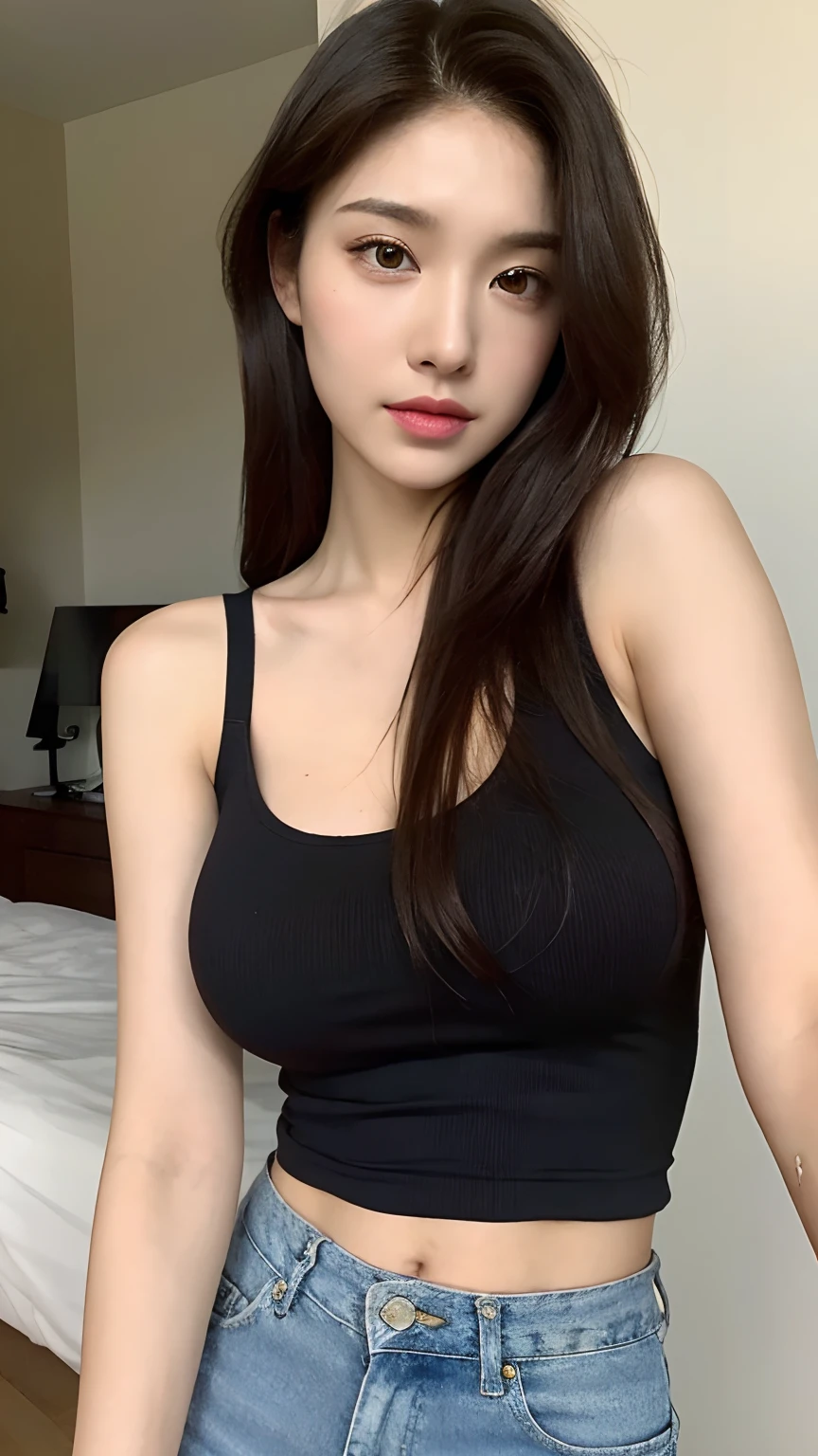 （lifelike， high - resolution：1.3）， 1 girl with a perfect body， Super fine face and eyes，slong hair， Tank top of random colors：1.2， short jeans， big boob，Expose cleavage