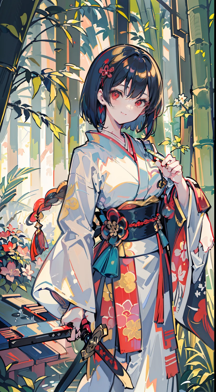 ((masterpiece, super detail, exquisite detail, top quality, illustration), one girl, solo, high quality, watching the viewer, red eyes, black hair, bob cut, floral hair ornament, smile, floral kimono, Japan in the garden, bamboo forest, white gravel garden, shoji door, transparent sunlight, feminine, powerful, traditional, ukiyo-e, oriental aesthetic, elegant, beautiful, attention to detail, bright colors, high contrast, Dynamic lighting, realistic textures, traditional painting style, illustration aesthetics, ((holding a sword)), Tomoe Gozen,