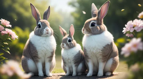 Close-up photo of rabbits in sunny amusement park，clean backdrop，depth of fields，largeaperture，photography of，butterflys，volume fog，Halo，blooms，Dramatic atmosphere，at centre，the rule of thirds，200 mm 1.4F macro shooting