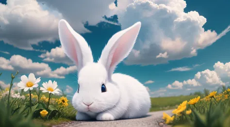 （Ultra-fine CG unity 8k wallpaper，tmasterpiece，best qualtiy，ultra - detailed），（best illuminate，Best shadow，Extremely refined and beautiful），（White rabbit），（Clean road），（​​clouds）， （colorful flower）