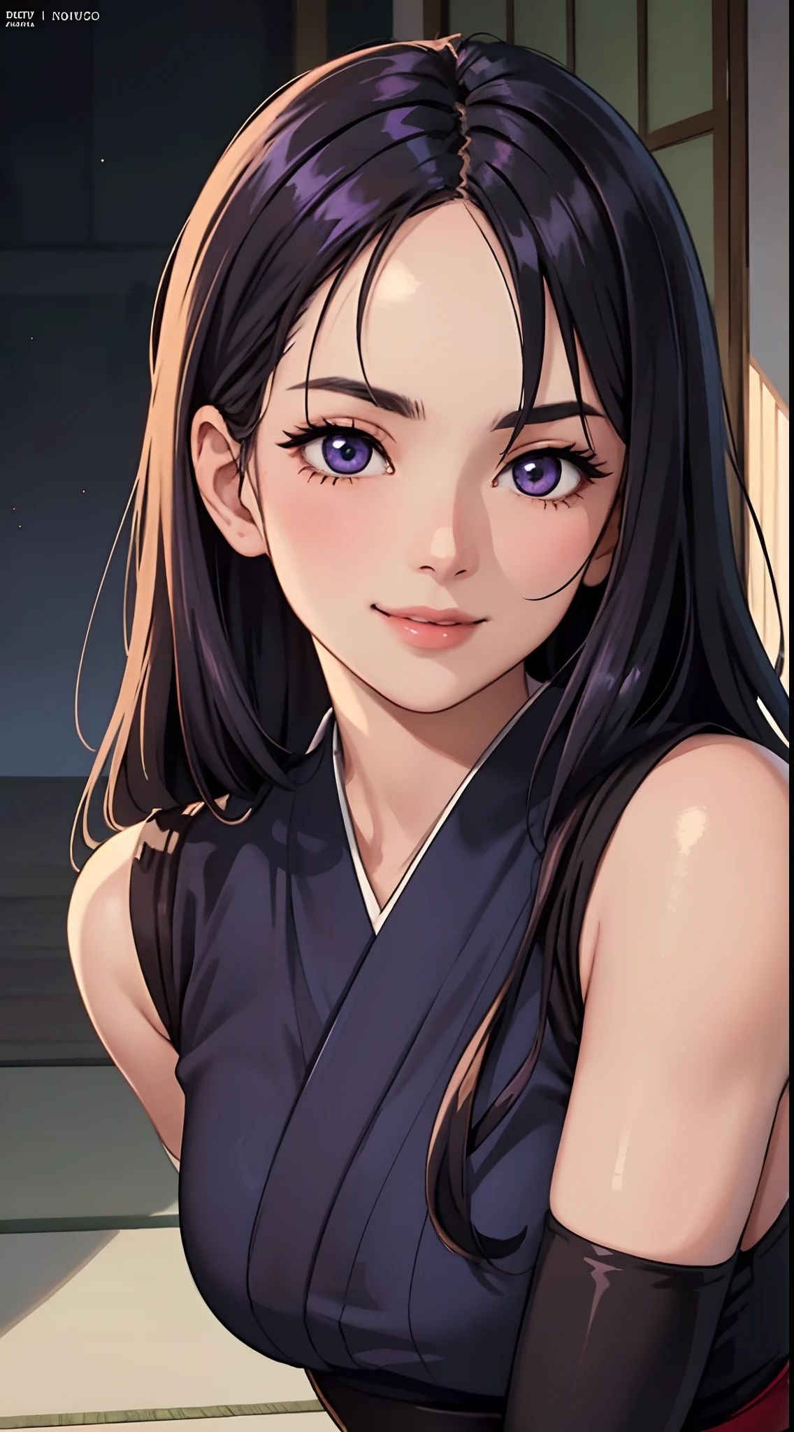 eine wunderschöne Frau mit glattem, dunkelviolettem, langem Haar, ein zartes und bezauberndes Gesicht, ihre Augen sind scharf und durchdringend, ein schlaues Lächeln, Sie hat eine schlanke Figur, ein figurbetontes Ninja-Outfit im Fantasy-Stil, Das Charakterdesign spiegelt einen Ninja im Fantasy-Stil im japanischen Anime-Design wider, Das Kunstwerk zeichnet sich durch fein detailliertes Charakterdesign aus, präsentiert einen ausgereiften japanischen Manga-Kunststil, ((Konzeptkunst für Charaktere)), Ganzkörper-Charakterzeichnung, Hochauflösend, beste Qualität, ultra-detailliert, extrem empfindlich, Anatomisch korrekt, symmetrisches Gesicht, extrem detaillierte Augen und Gesicht, Hochwertige Augen, Kreativität, RAW-Foto, UHD, 8k, (natürliches Licht, professionelle Beleuchtung:1.2, Filmische Beleuchtung:1.5, bester Schatten), (Meisterwerk:1.5)