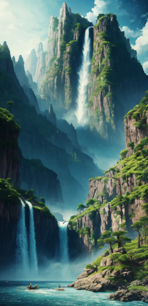 (((masterpiece))), best quality, high quality, extremely detailed CG unity 8k wallpaper, scenery, outdoors, sky, cloud, day, no people, mountain, landscape, water, tree, blue sky, waterfall, cliff, nature, lake, river, cloudy sky,award winning photography,...