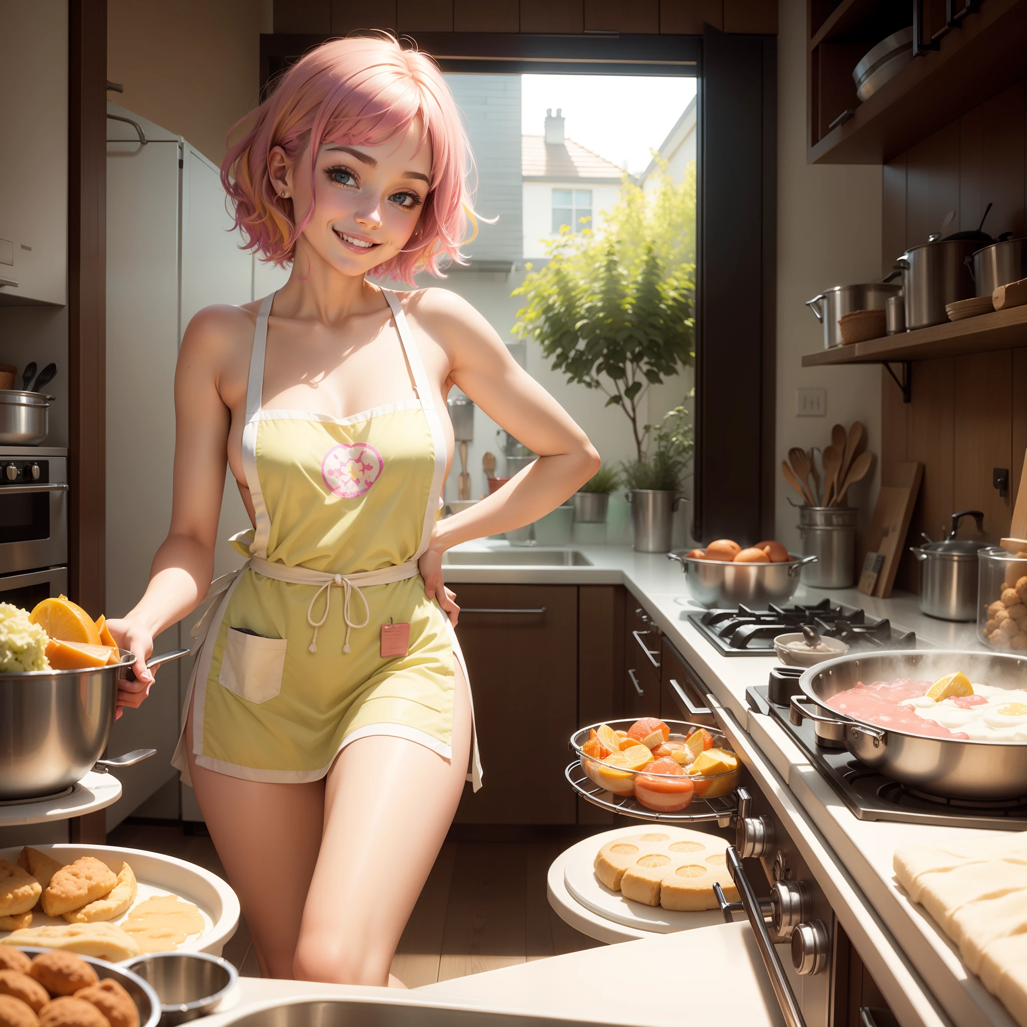 Woman in yellow dress standing in kitchen with food on counter - SeaArt AI