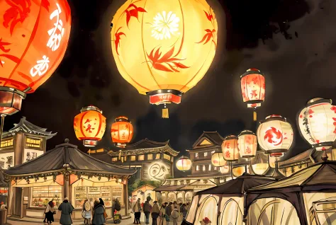 A fantastic town，China-style，full of lights，the night，Kongming Lantern，mid-autumn festival，Lively market town