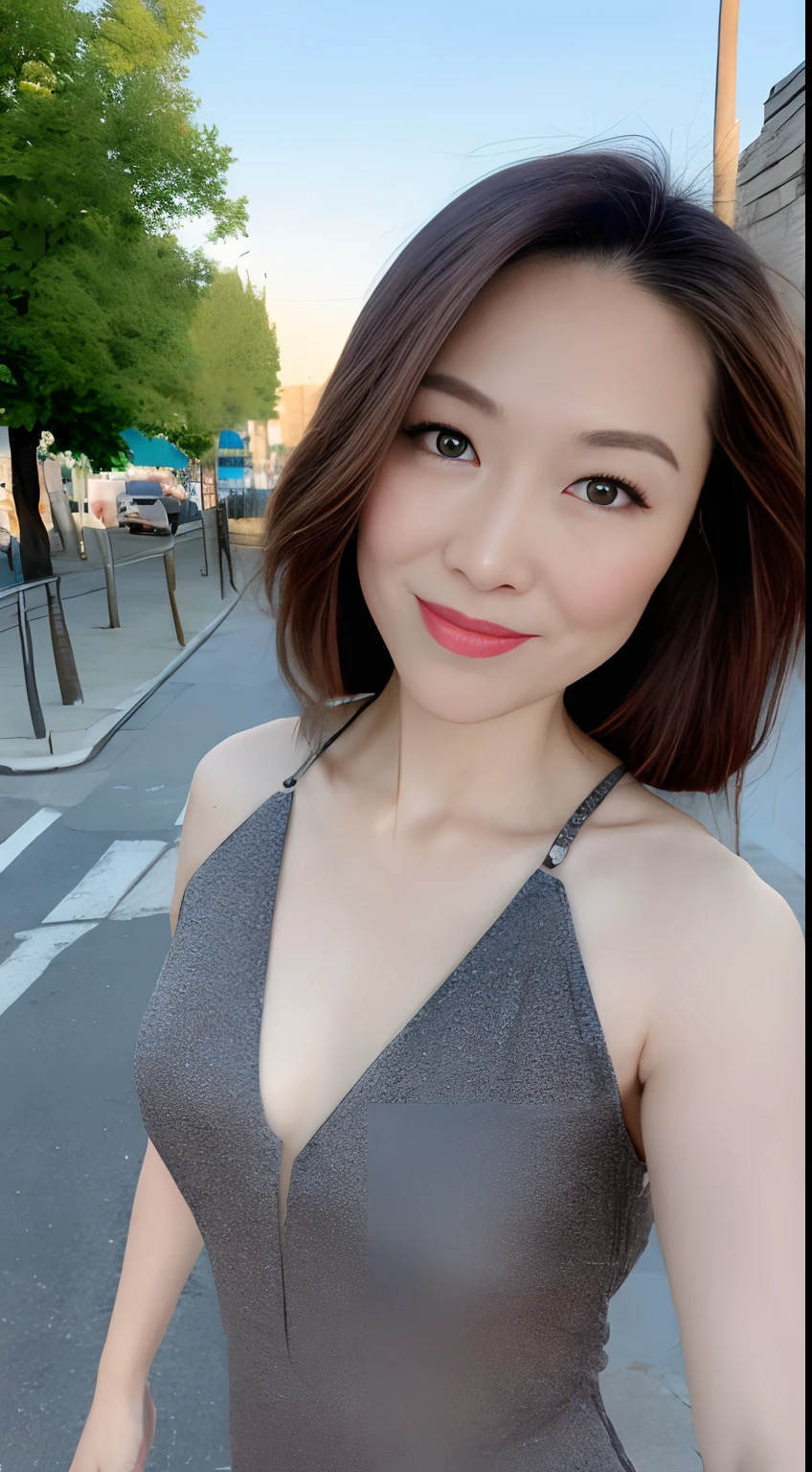 ((Best quality, 8k, Masterpiece :1.3)), 1girl, smiling, full body, slim face, Pretty woman, (Dark brown hair), full length dress :1.1, Ultra-detailed face, Detailed eyes, Double eyelid, blur background, slim face, city, outside, street, NSFW, nipple,