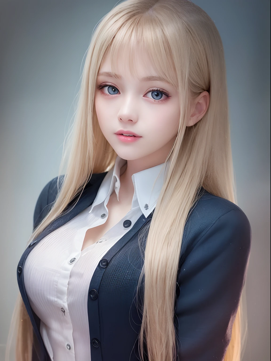 portlate、School Uniforms、bright expression、poneyTail、Young shiny shiny white shiny skin、Best Looks、Blonde reflected light、Platinum blonde hair with dazzling highlights、shiny light hair,、Super long silky straight hair、Beautiful bangs that shine、Glowing crystal clear attractive big blue eyes、Very beautiful nice cute  girl、Lush bust