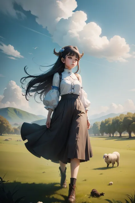 1 girl，sheeps，grassy fields，blue-sky，baiyun，Mysterious dragons