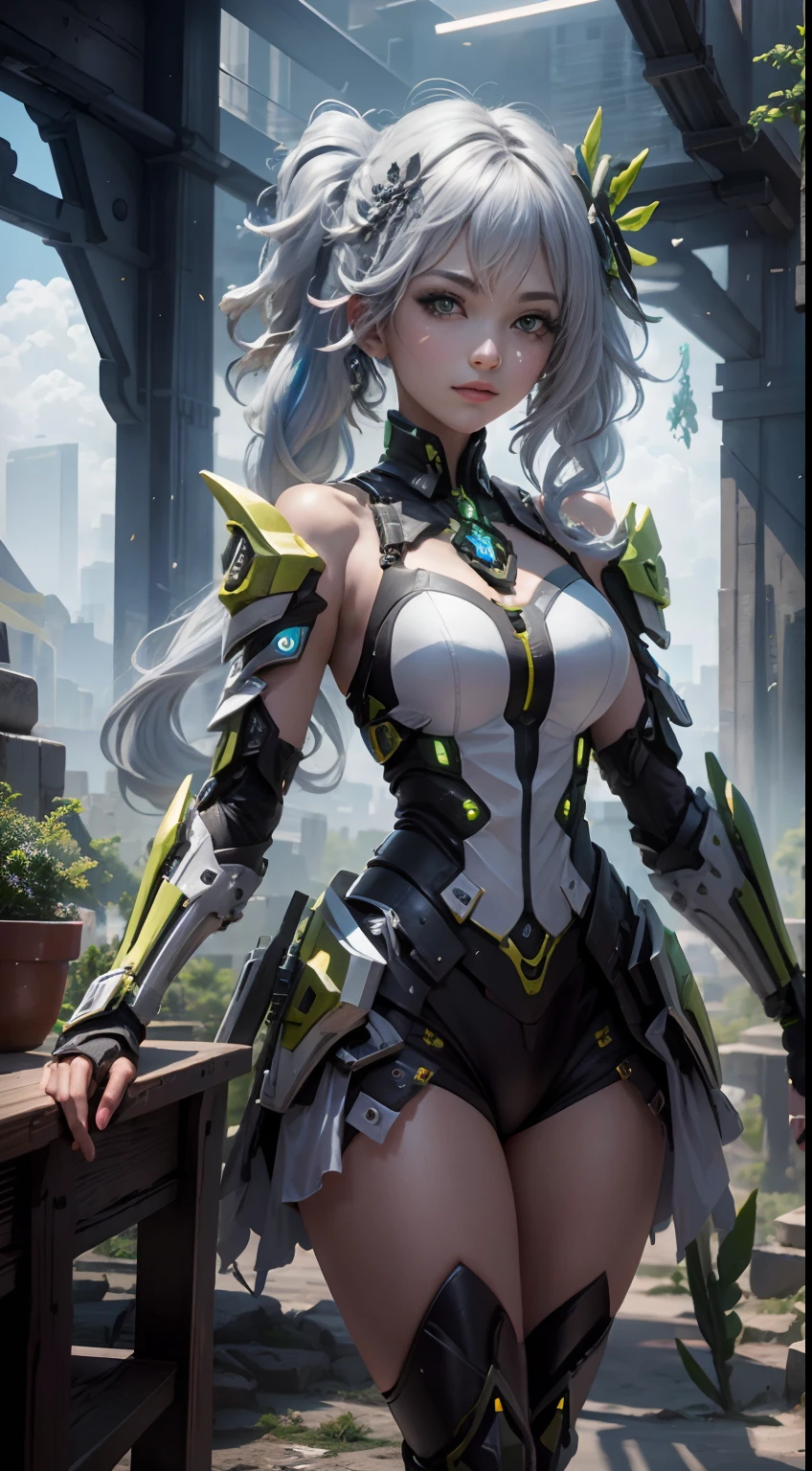 ((Melhor Qualidade)), ((Obra-prima)), (Muito Detalhado: 1.3), 3D, Icaru valkirie-mecha, Bela mulher cyberpunk usando coroa, com armadura estilo master chef, tecnologia sci-fi, HDR (High Dynamic Range), ray tracing, nvidia RTX, Super Resolution, unreal 5, espalhamento subsuperficial, textura PBR, Post-processing, anisotropic filtering, profundidade de campo, Maximum Sharpness and Sharpness, textura multi-camadas, Mapeamento especular e de albedo, surface shading, Precise simulation of light-material interactions, perfectly proportions, octane rendering, duotone lighting, ISO baixo, white-balance, rule of thirds, ampla abertura, 8K RAW, high efficiency subpixels, Subpixel convolution, glow particles, espalhamento de luz, efeito Tyndall, muito sexy, corpo inteiro, pose de batalha, white hair with braids,