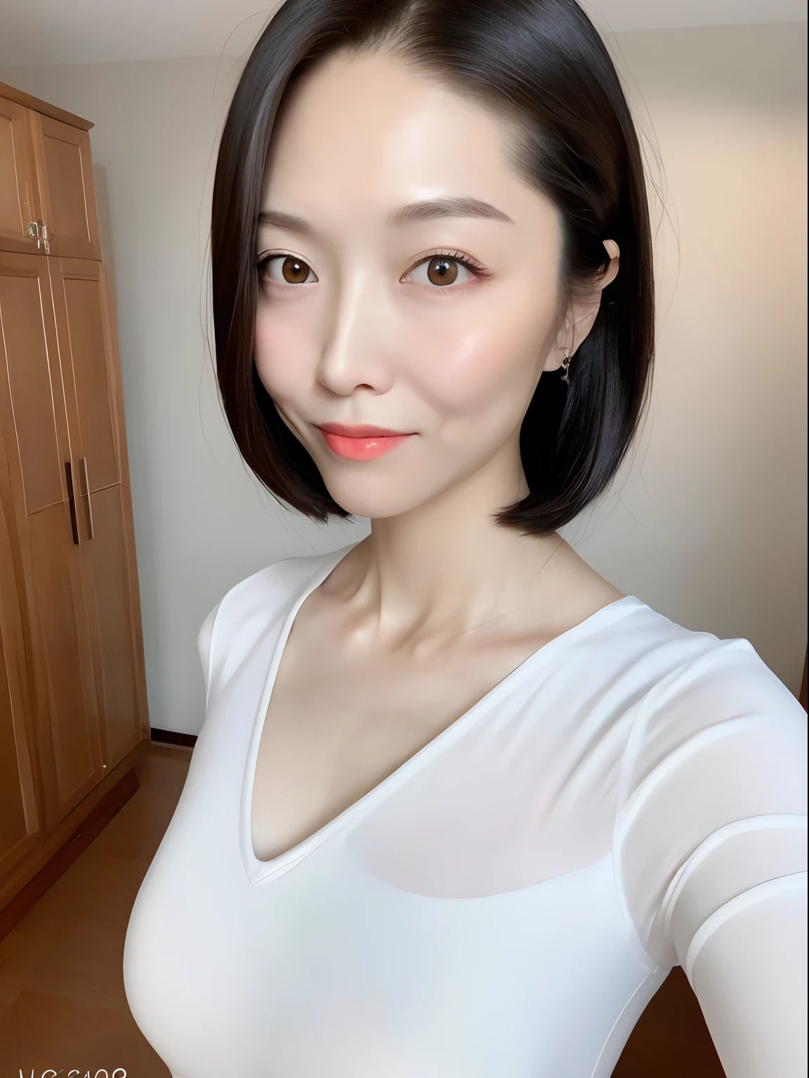 (Meilleure qualité, 8k, 32k, chef-d&#39;œuvre, UHD:1.2),Photo of Pretty chinese girl Justine Xie wearing a oversized black t-shirt, cheveux courts avec une pince à cheveux blanche, cheveux noirs, Haut du corps,T-shirt oversize, tenir un appareil photo, pose de selfie, photo de selfie, Pose mignonne, fond simple, joli collier, regarder le spectateur, ombre profonde, nuances, Justine Xie, ulzzang chinois, belle-mignonne-fille, doubles paupières profondes, yeux d&#39;Asie du Sud-Est, sourcils épais, de jolis cils, sans maquillage, beauté naturelle, Xie Chu Ling girl, Xie Chu Ling, en forme de visage d&#39;oeuf,  même visage, Même personne, même robe, même arrière-plan, Pose mignonne, tout le corps, photo très réaliste, super réaliste, ultra haute résolution, chef-d&#39;œuvre, photo brute, beau et esthétique,(Photoréaliste:1.4), une seule figure féminine, niveau de détail étonnant, a chaotic chef-d&#39;œuvre.