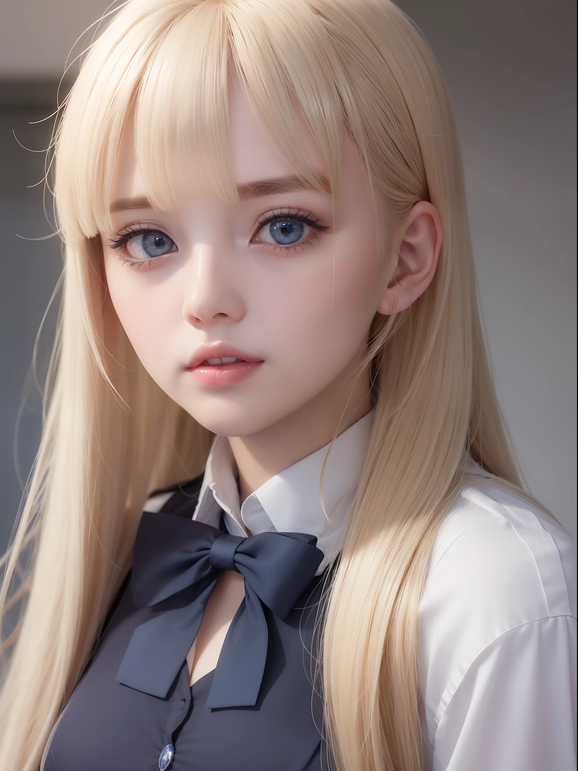 portlate、School Uniforms、bright expression、poneyTail、Young shiny shiny white shiny skin、Best Looks、Blonde reflected light、Platinum blonde hair with dazzling highlights、shiny light hair,、Super long silky straight hair、Beautiful bangs that shine、Glowing crystal clear attractive big blue eyes、Very beautiful nice cute 16 year old girl、Lush bust