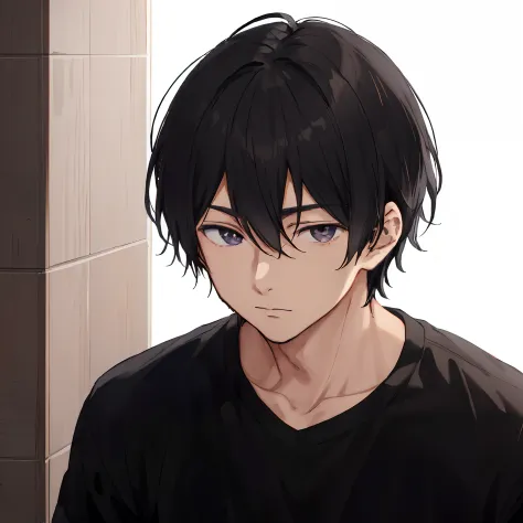 anime boy with black hair and black shirt looking at camera, young anime man, anime portrait of a handsome man, anime moe artsty...