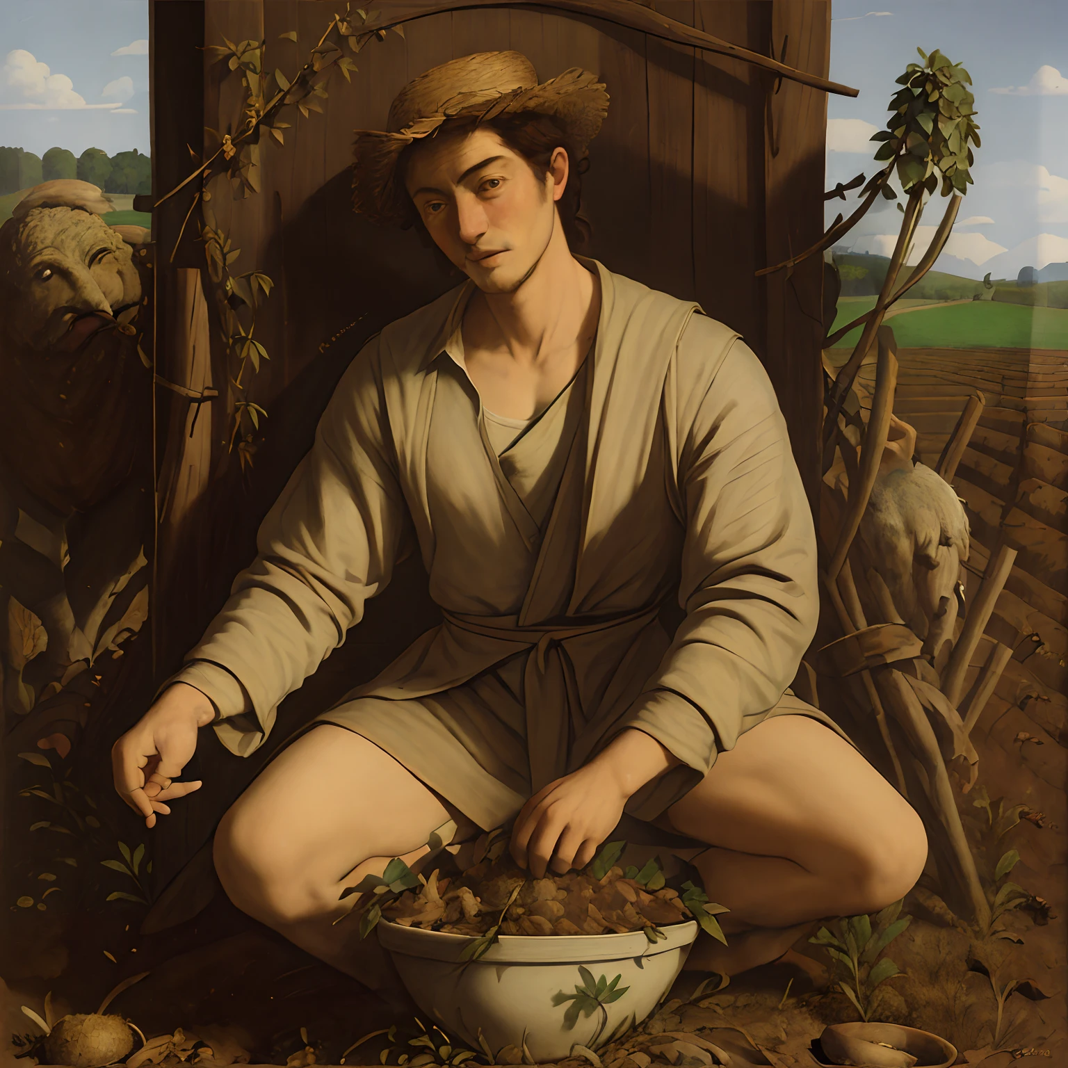 Caravaggio,  pintura al óleo, fondo,1 mano, Manos sucias, agricultor, dedos correctos, Plantar arroz