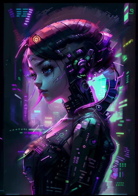 Cyber menina com fones de ouvido e cabelo brilhante, menina de anime cyberpunk feminino, arte digital do anime cyberpunk, menina...