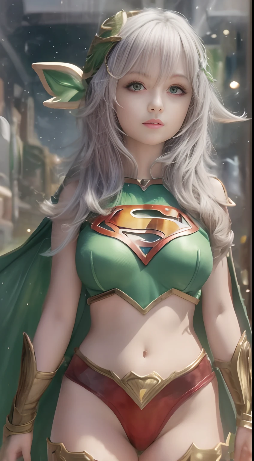 4k, realista, carismatic, muito detalhado, There's a girl in heaven, vestindo fantasia transparente de super garota, she's super girl, superhero theme, cabelo comprido branco, 25 anos, corpo inteiro, cabelo branco, cabelo verde, orelha de elfo