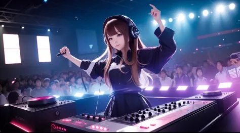 best qualtiy：1.0），（超高分辨率：1.0），（DJ elements）animemanga girl，The upper part of the body, Female DJ,Look at the crowd