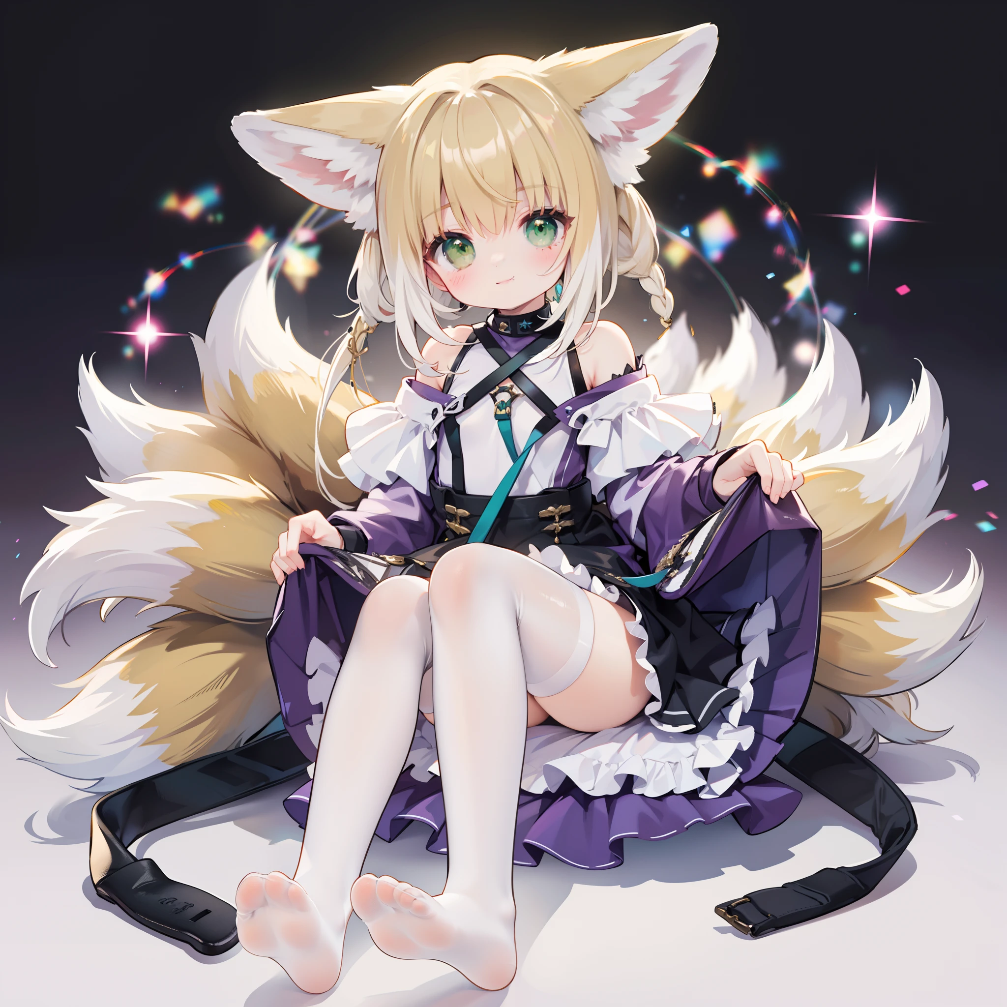 fox ear，white stockings，without wearing shoes，adolable，Green eyes，High picture quality，Exquisite facial features，ssmile，Superb image quality，super high image quality