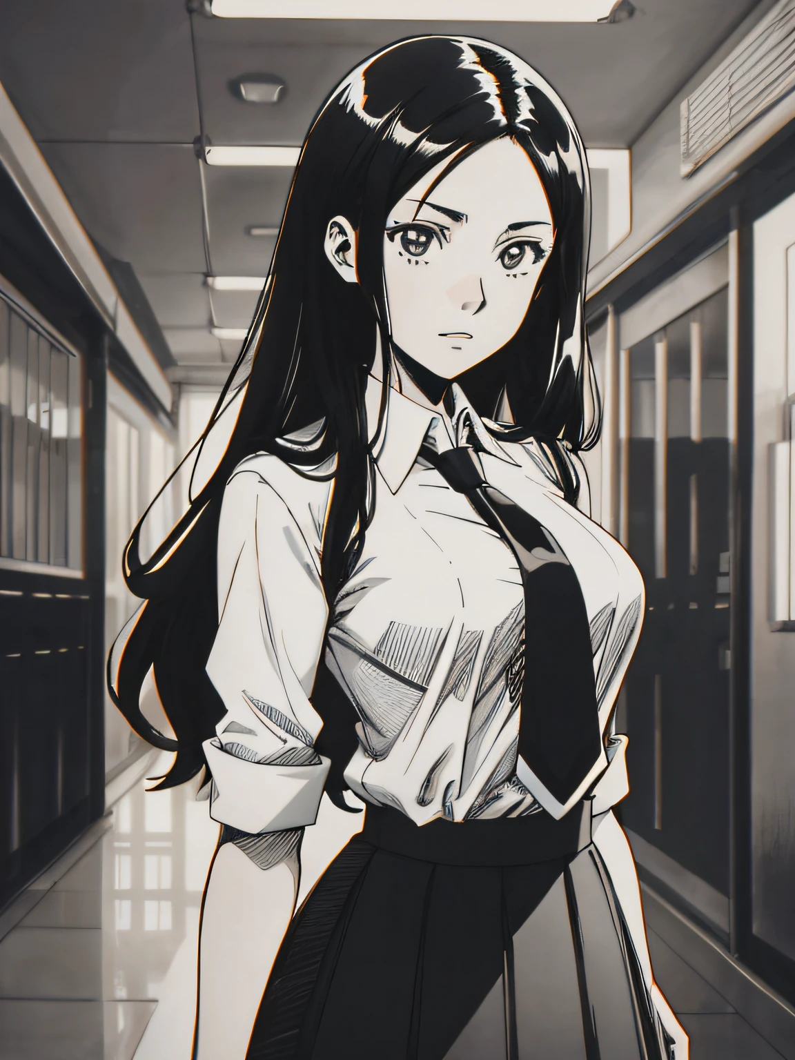 of the highest quality, Best Quality,超A high resolution, hight resolution, (masutepiece), (Comic style illustration), (linear art_Anime),(black-and-white),(monotone_highcontrast),hi-school girl,high-school uniform、neck tie、blazers、skirt by the,Inside the school_the complex background,(lora:Add More Detail:1.2)