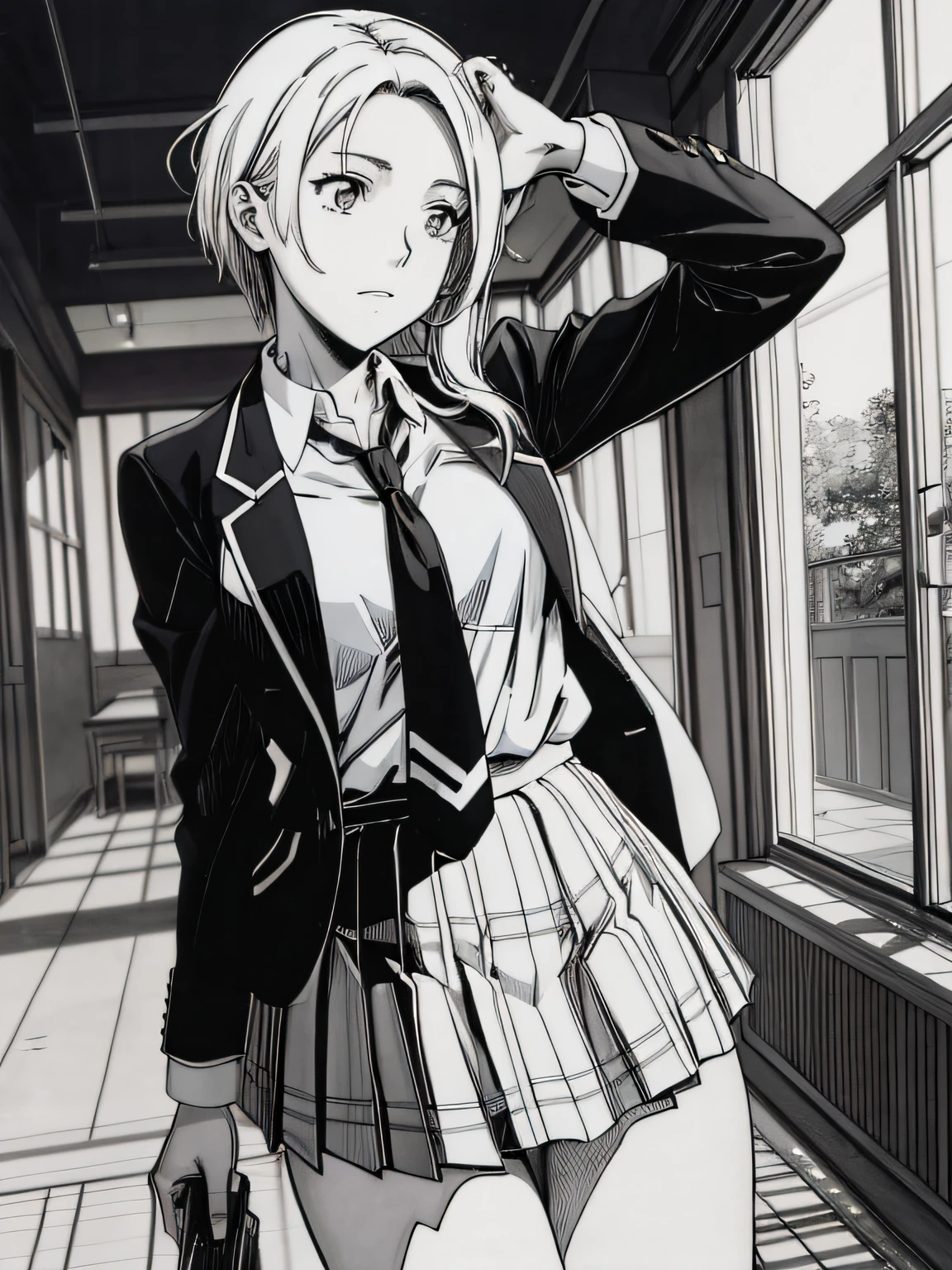 of the highest quality, Best Quality,超A high resolution, hight resolution, (masutepiece), (Comic style illustration), (linear art_Anime),(black-and-white),(monotone_highcontrast),hi-school girl,high-school uniform、neck tie、blazers、skirt by the,Inside the school_the complex background,(lora:Add More Detail:1.2)