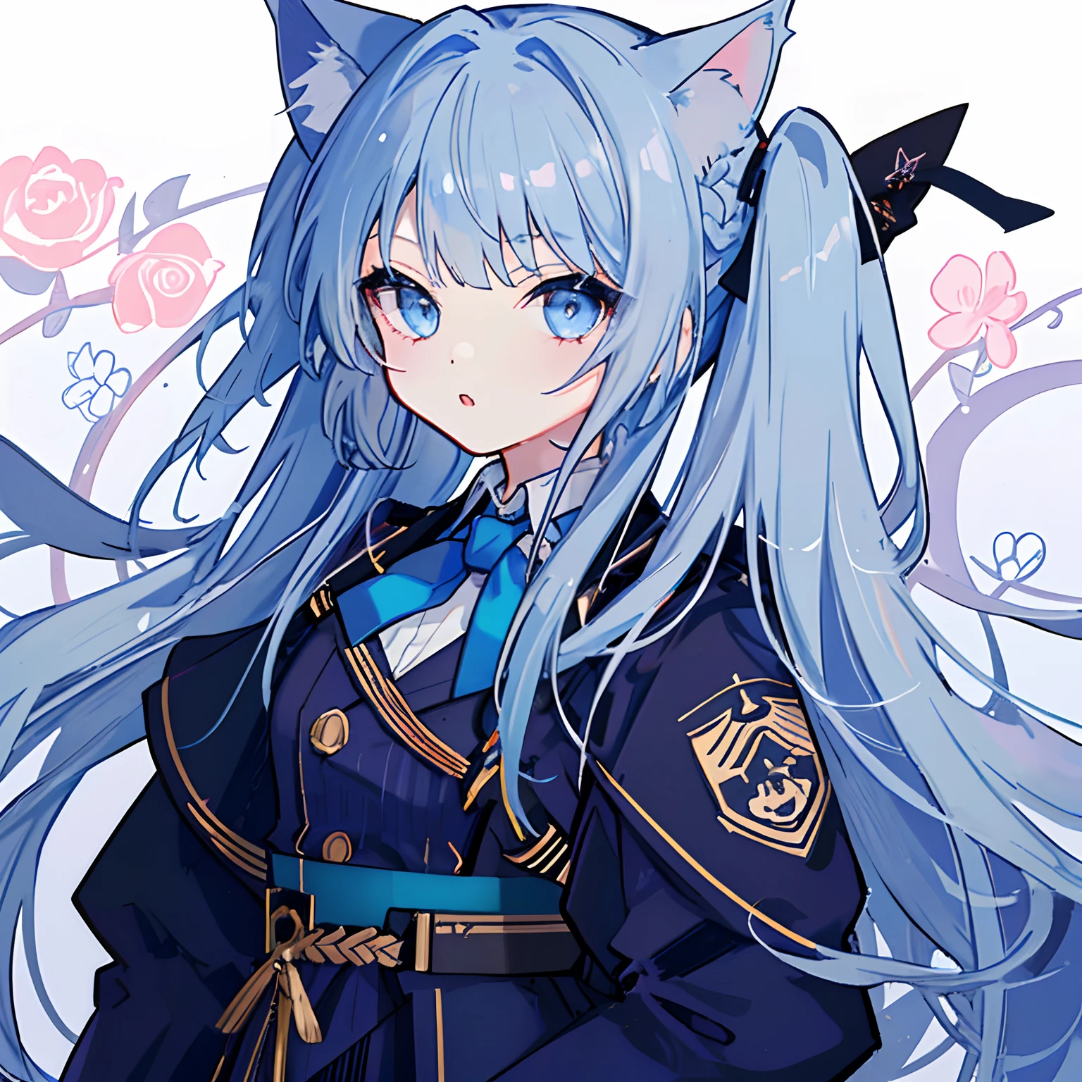 1 girl in、Cat's ears、length hair、lightblue hair,military outfits,Goth Loli Fashion,neck tie,Military uniforms made by artisans,Twin-tailed,Braiding