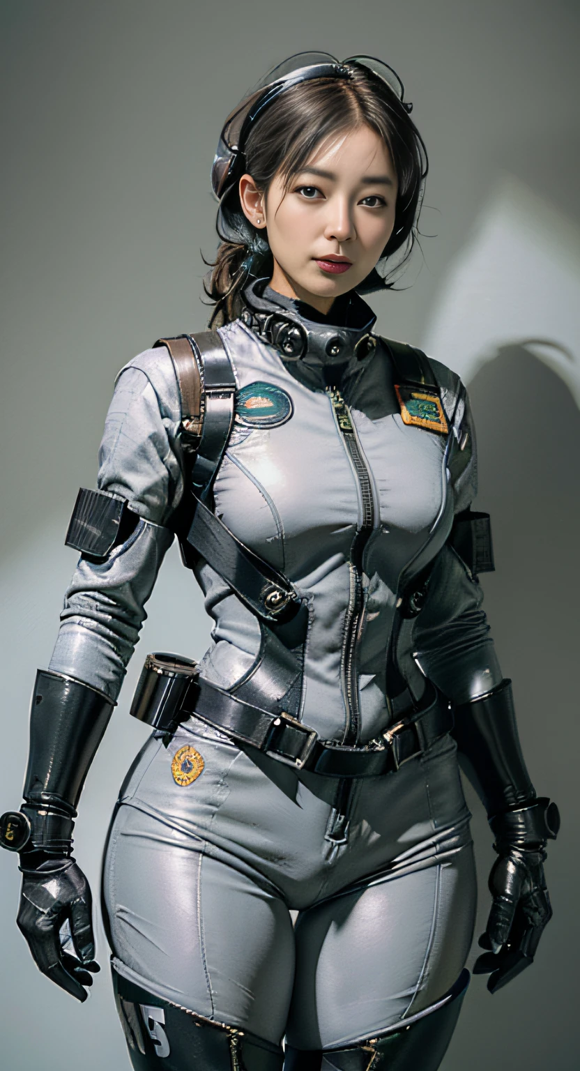 Highest image quality, outstanding details, ultra-high resolution, (realism: 1.4), ((full body:0.5)), the best illustration, favor details, highly condensed 1lady, with beautiful and a delicate face, (wearing racing suit likes police uniform, black and gray mecha, wearing high tech headset, military harness, holding a machinegun), captain, background simple grey wall,