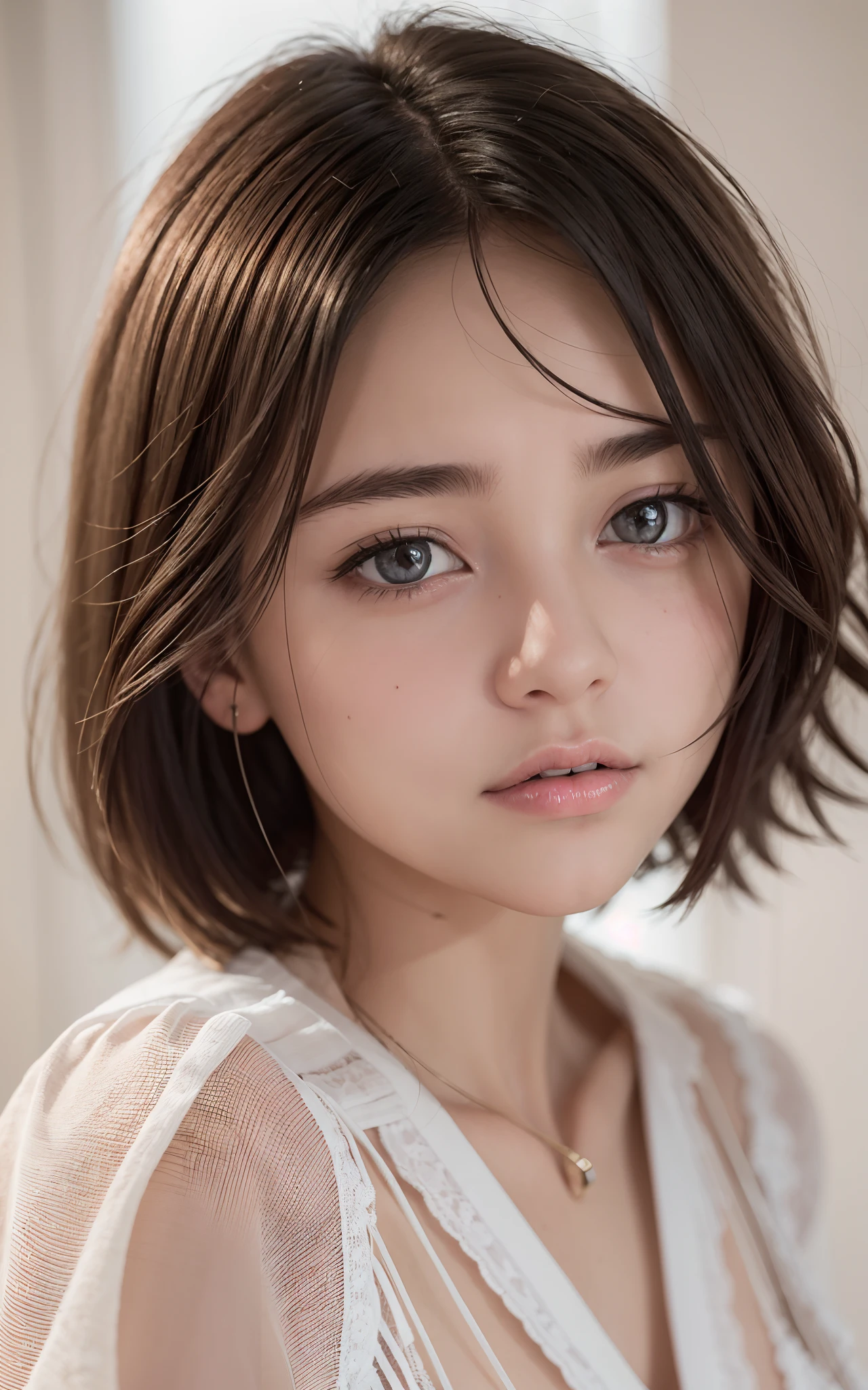 (top-quality, ​masterpiece:1.2), white 18 year old beautiful girl, very cute, blouse, f 1.8, Soft light, Raw Photos Real, Skin texture is very detailed, without makeup, mournful, mournful, short hair, depth of field, highres, ultra-detailed, finely detail, extremely detailed, extremely detailed eyes and face, sharp pupils, realistic pupils, sharp focus, ccinematic lighting