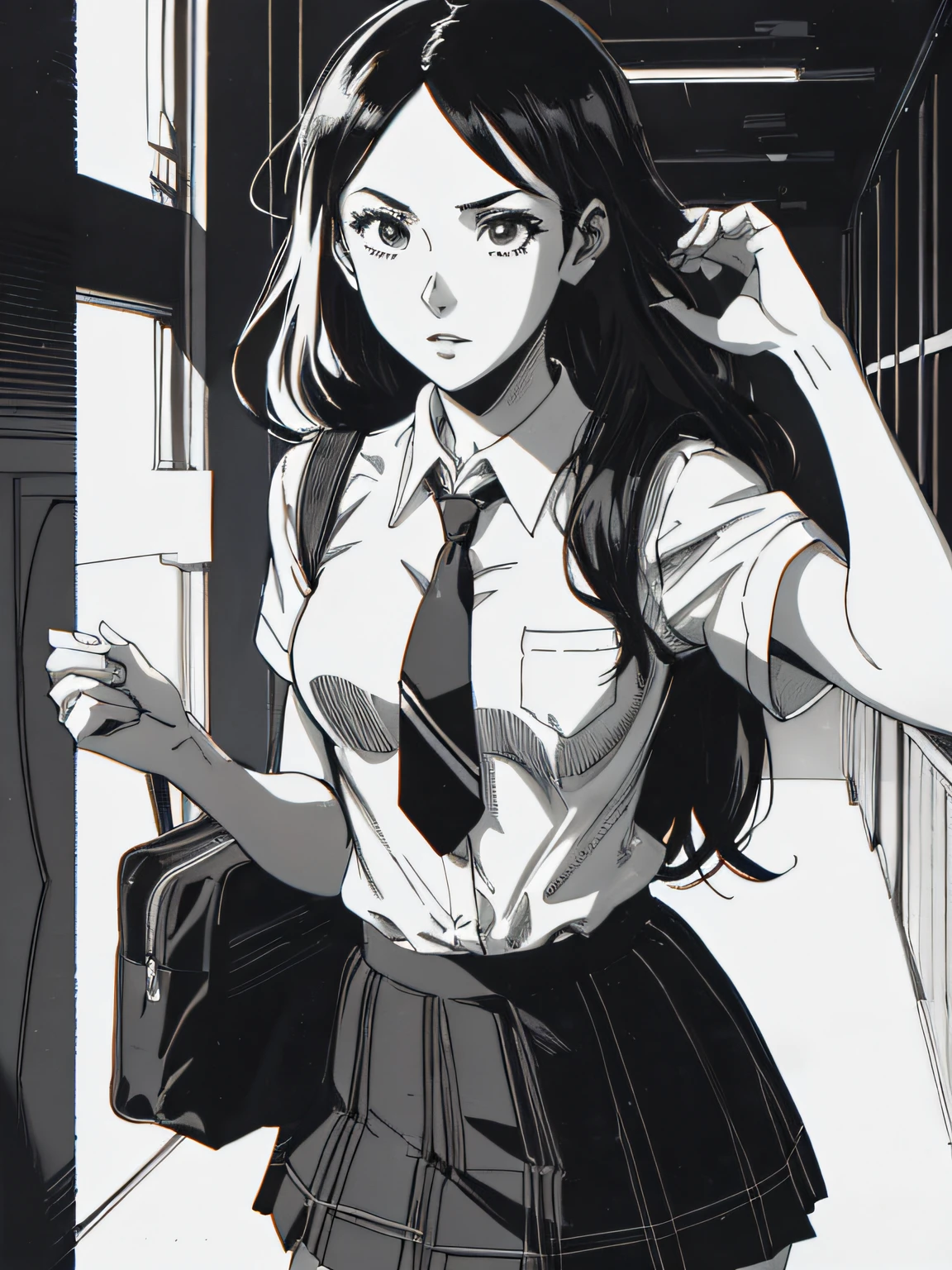 of the highest quality, Best Quality,超A high resolution, hight resolution, (masutepiece), (Comic noir style illustration), (linear art_Anime),(black-and-white:1.0),(monotone_highcontrast),hi-school girl,high-school uniform、neck tie、blazers、skirt by the,Inside the school_the complex background,(lora Add More Detail:1.2)