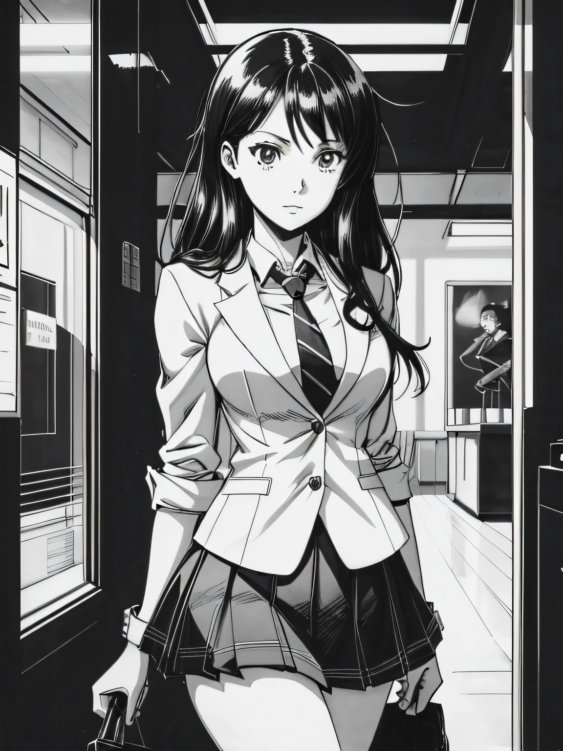 of the highest quality, Best Quality,超A high resolution, hight resolution, (masutepiece), (Comic noir style illustration), (linear art_Anime),(black-and-white:1.0),(monotone_highcontrast),hi-school girl,high-school uniform、neck tie、blazers、skirt by the,Inside the school_the complex background,,(lora Add More Detail:1.2)