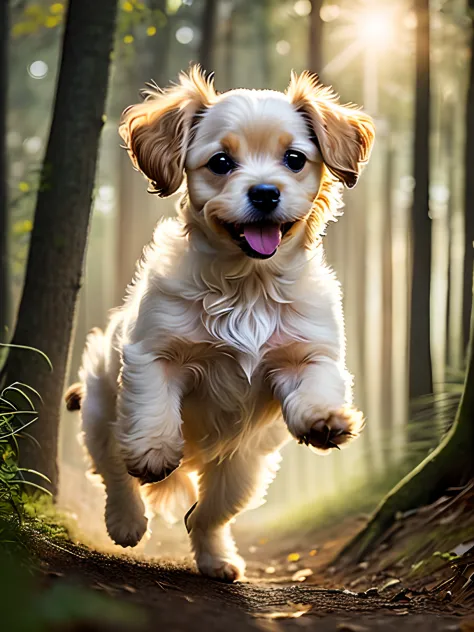 Close-up photo of a very cute jumping puppy in the forest、Puppies are light brown in Maltese poodles、Soft volume light、(back lig...
